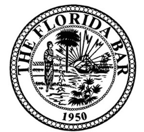 The Florida Bar seal features a figure planting a tree beside a palm tree, with a rising sun and water in the background, established in 1950.