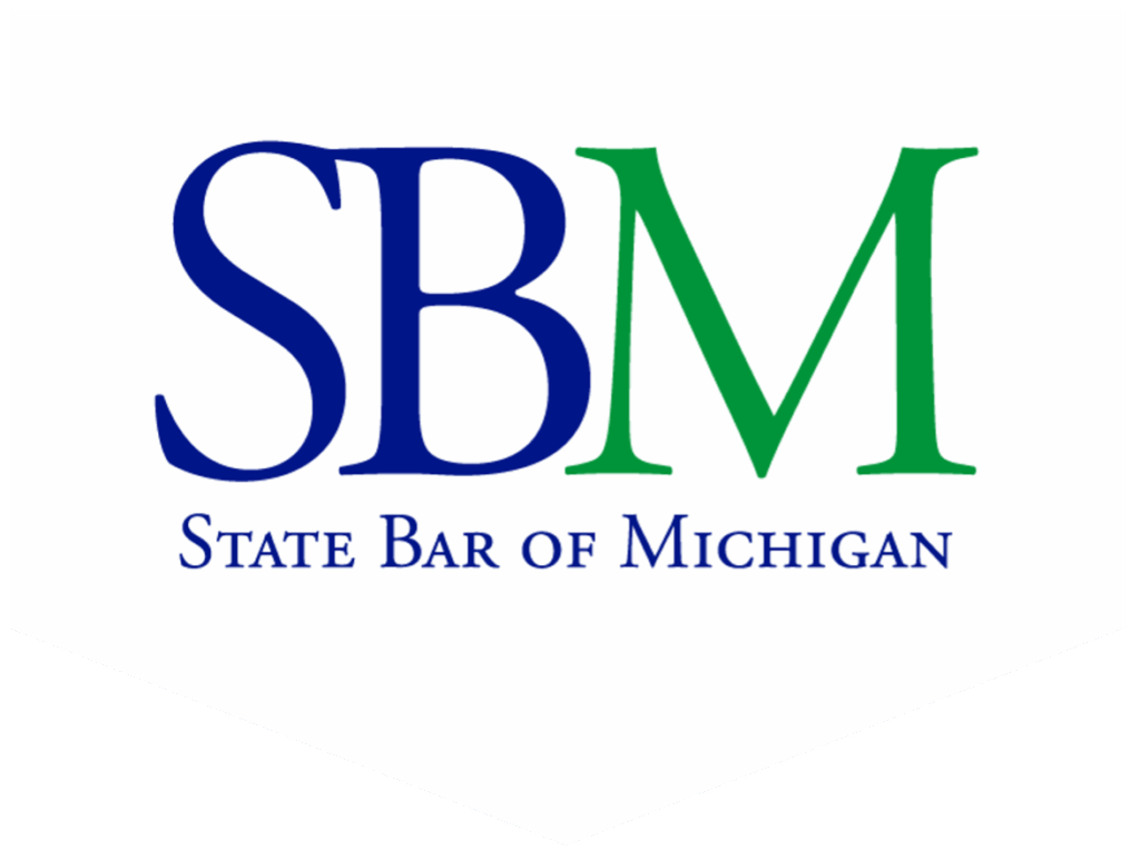 Logo of the State Bar of Michigan, featuring "SBM" in blue and green with the full name below. Represents legal authority and services in Michigan.