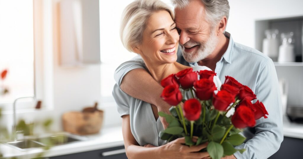 A joyful couple embraces in a bright kitchen, sharing smiles. The woman holds a bouquet of red roses, symbolizing love and celebration.