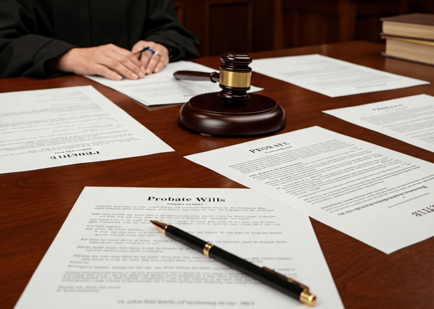Judge's hands rest on legal documents about probate wills, with a gavel and pen nearby. This image highlights legal proceedings related to estate management.